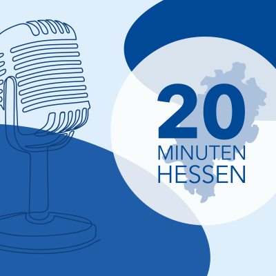 Eine Grafik zeigt ein Mikrofon sowie das Logo des Podcasts "20 Minuten Hessen".