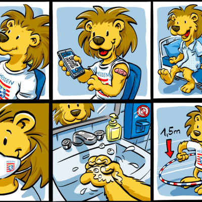 Mehrere Comic-Versionen des Hessen-Löwen zum Thema Corona.