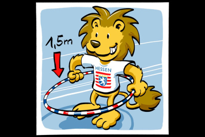 Der Hessen-Löwe als Comic-Figur mit einem Hula Hoop Reifen.