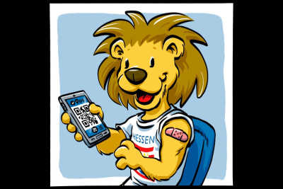 Der Hessen-Löwe als Comic-Figur bei der Corona-Impfung.