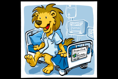 Der Hessen-Löwe als Comic-Figur im Krankenhaus nach seiner Corona-Genesung.