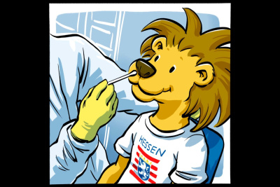Der Hessen-Löwe als Comic-Figur macht einen Corona-Test.