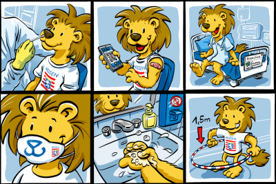 Mehrere Comic-Versionen des Hessen-Löwen zum Thema Corona.