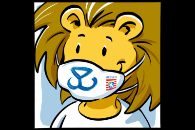 Der Hessen-Löwe als Comic-Figur trägt eine Schutzmaske gegen Corona.