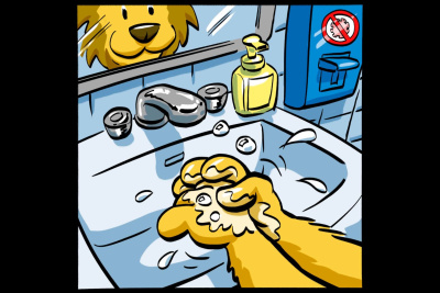 Der Hessen-Löwe als Comic-Figur wäscht sich gründlich die Hände.