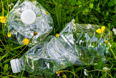 Plastikflaschen liegen auf einer Wiese