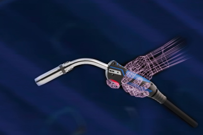 Eine graphische fiktive Hand hält einen Schweißbrenner