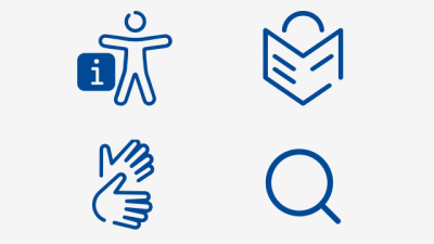 Symbole für Barrierefreiheit, leichte Sprache, gebärdensprachliche Videos und Suche.